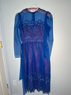 Int. Ladies Garment Workers Union Blue Dress Sz 16 Vintage Floral Embroidery